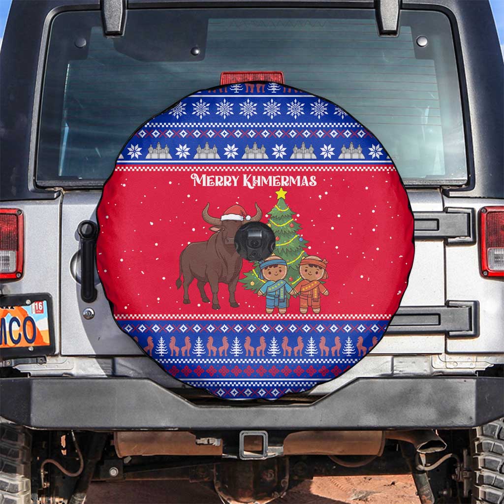 Cambodia Christmas Spare Tire Cover with Buffalo Children Holiday Tree Snowflakes and Khmer Pattern Design - Wonder Print Shop