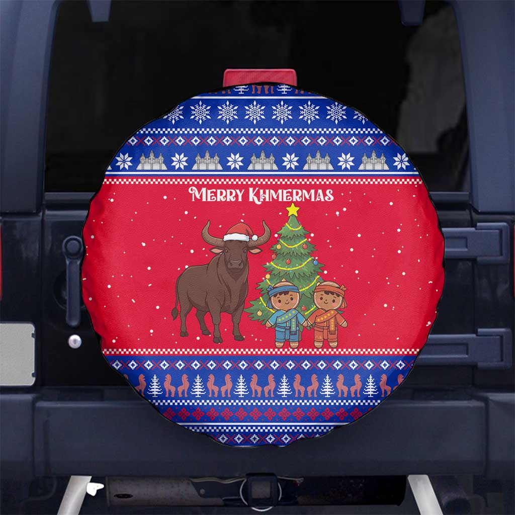 Cambodia Christmas Spare Tire Cover with Buffalo Children Holiday Tree Snowflakes and Khmer Pattern Design - Wonder Print Shop
