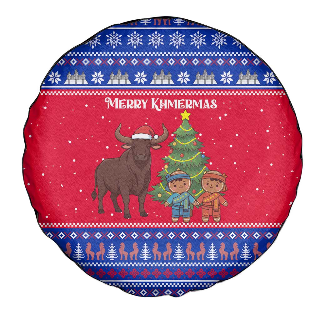 Cambodia Christmas Spare Tire Cover with Buffalo Children Holiday Tree Snowflakes and Khmer Pattern Design - Wonder Print Shop
