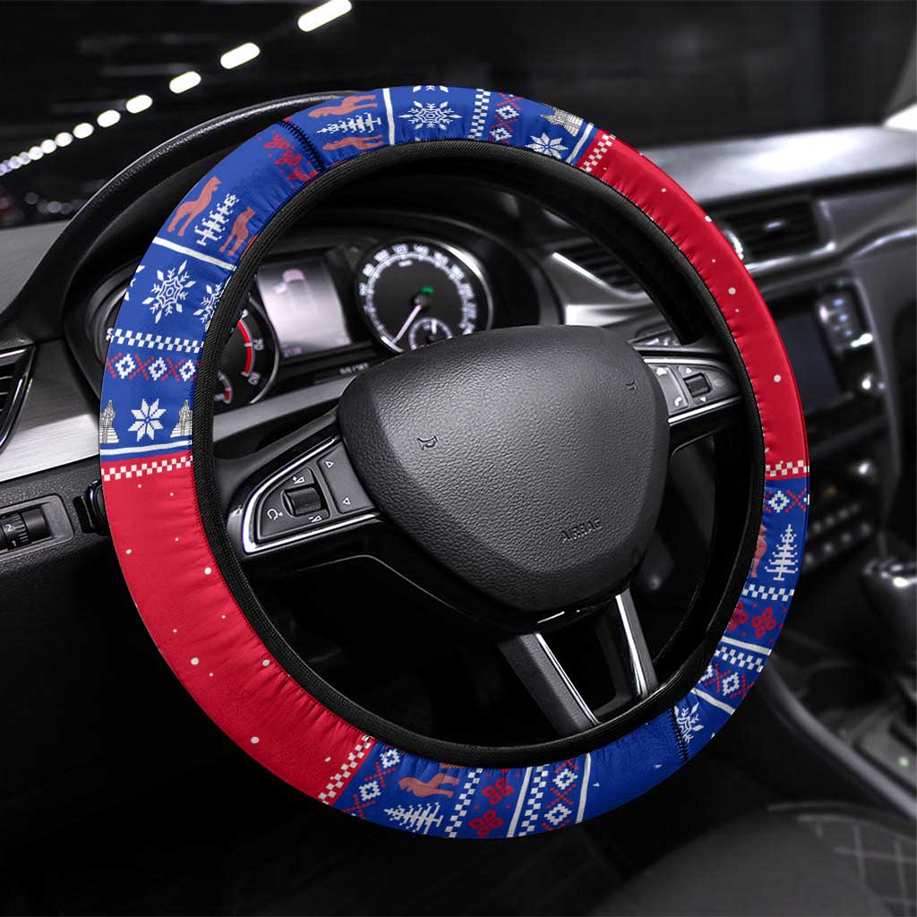 Cambodia Christmas Steering Wheel Cover with Buffalo Children Holiday Tree Snowflakes and Khmer Pattern Design - Wonder Print Shop
