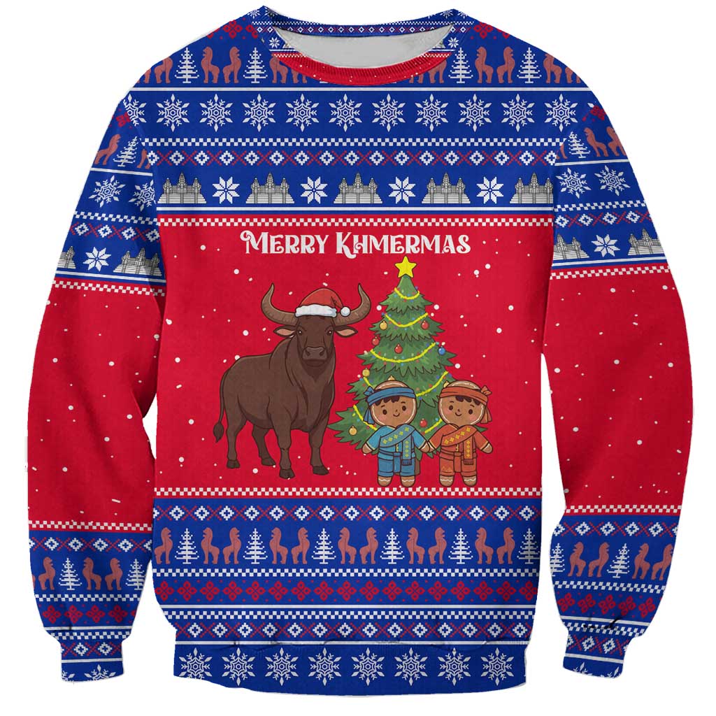 Cambodia Christmas Sweatshirt with Buffalo Children Holiday Tree Snowflakes and Khmer Pattern Design - Wonder Print Shop