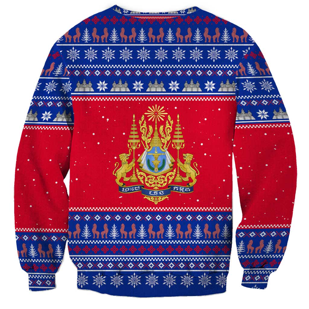 Cambodia Christmas Sweatshirt with Buffalo Children Holiday Tree Snowflakes and Khmer Pattern Design - Wonder Print Shop