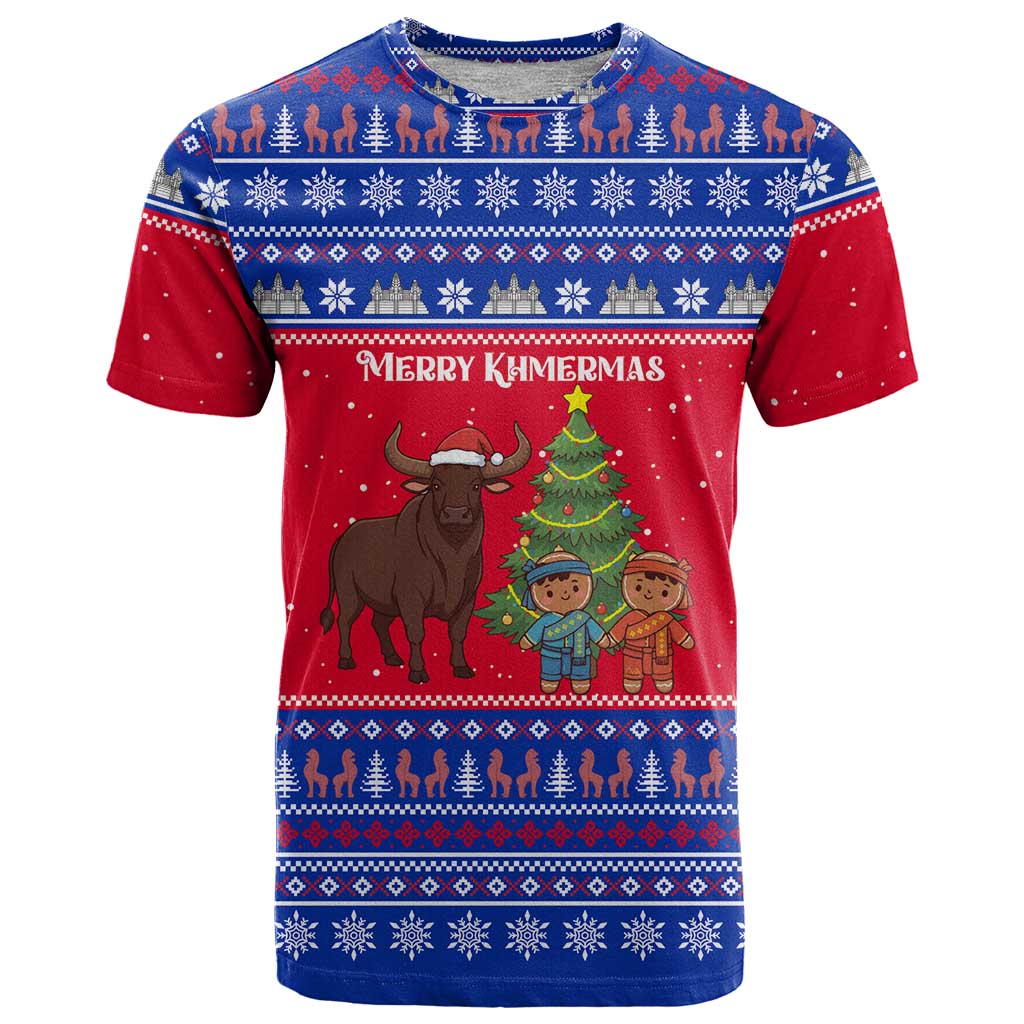 Cambodia Christmas T Shirt with Buffalo Children Holiday Tree Snowflakes and Khmer Pattern Design - Wonder Print Shop