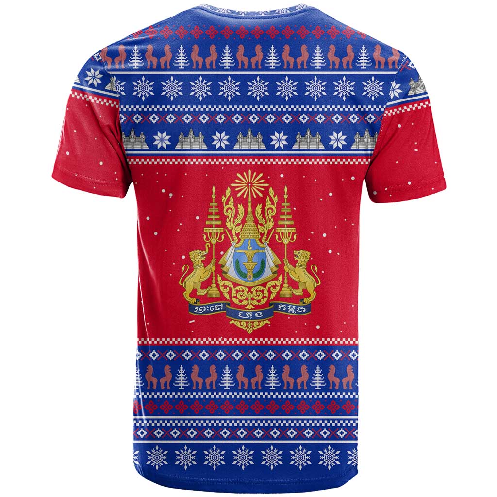 Cambodia Christmas T Shirt with Buffalo Children Holiday Tree Snowflakes and Khmer Pattern Design - Wonder Print Shop