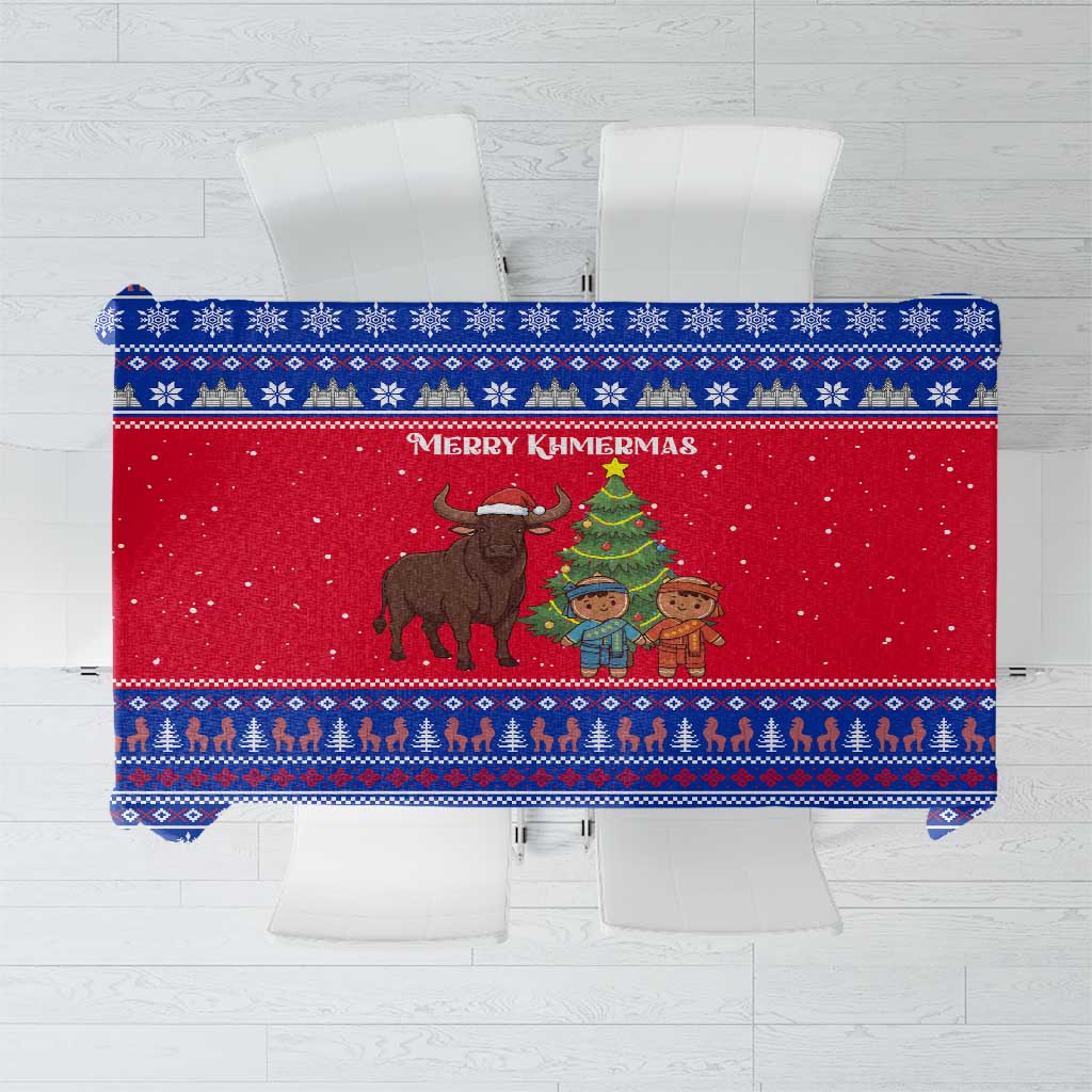 Cambodia Christmas Tablecloth with Buffalo Children Holiday Tree Snowflakes and Khmer Pattern Design - Wonder Print Shop