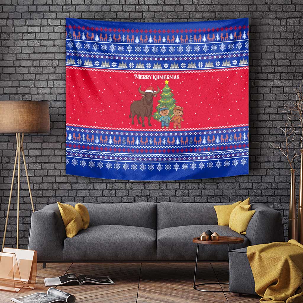 Cambodia Christmas Tapestry with Buffalo Children Holiday Tree Snowflakes and Khmer Pattern Design - Wonder Print Shop