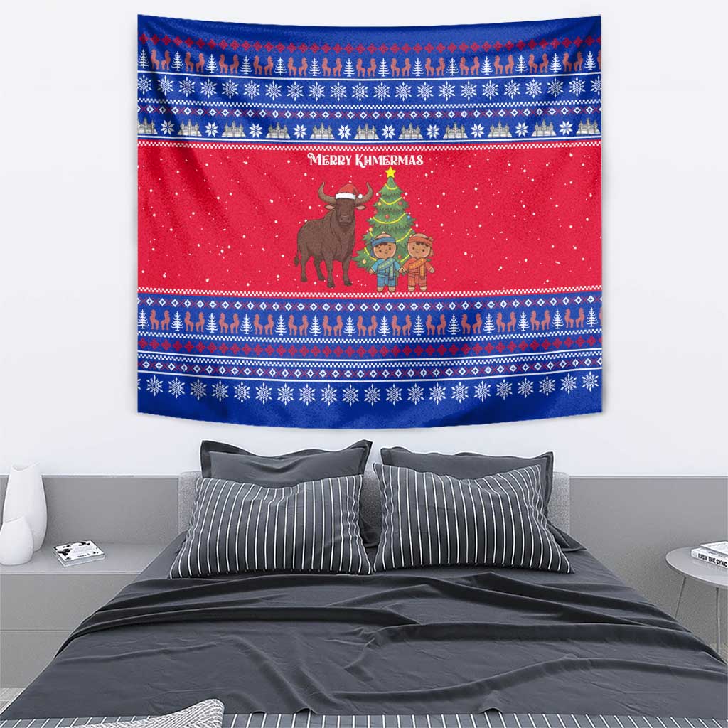 Cambodia Christmas Tapestry with Buffalo Children Holiday Tree Snowflakes and Khmer Pattern Design - Wonder Print Shop