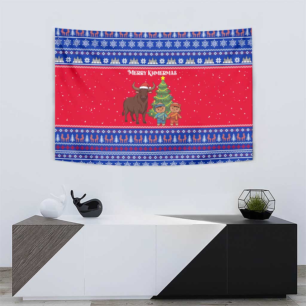 Cambodia Christmas Tapestry with Buffalo Children Holiday Tree Snowflakes and Khmer Pattern Design - Wonder Print Shop