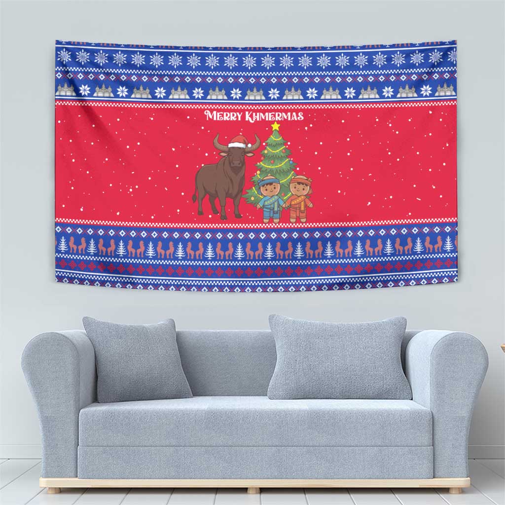 Cambodia Christmas Tapestry with Buffalo Children Holiday Tree Snowflakes and Khmer Pattern Design - Wonder Print Shop