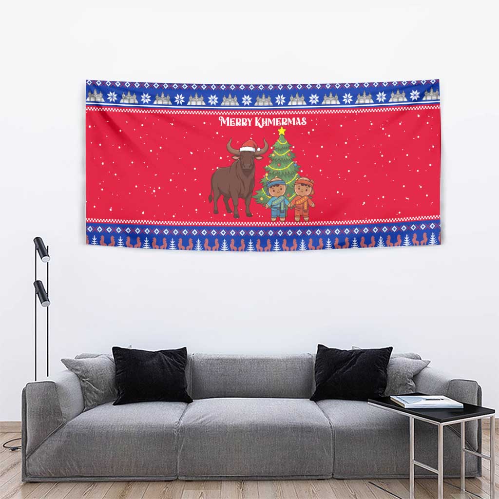 Cambodia Christmas Tapestry with Buffalo Children Holiday Tree Snowflakes and Khmer Pattern Design - Wonder Print Shop
