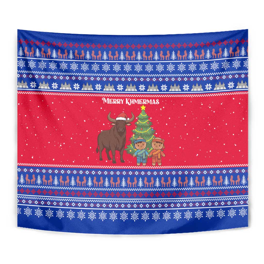 Cambodia Christmas Tapestry with Buffalo Children Holiday Tree Snowflakes and Khmer Pattern Design - Wonder Print Shop