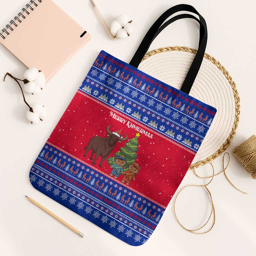 Cambodia Christmas Tote Bag with Buffalo Children Holiday Tree Snowflakes and Khmer Pattern Design - Wonder Print Shop