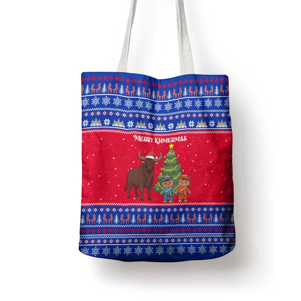 Cambodia Christmas Tote Bag with Buffalo Children Holiday Tree Snowflakes and Khmer Pattern Design - Wonder Print Shop