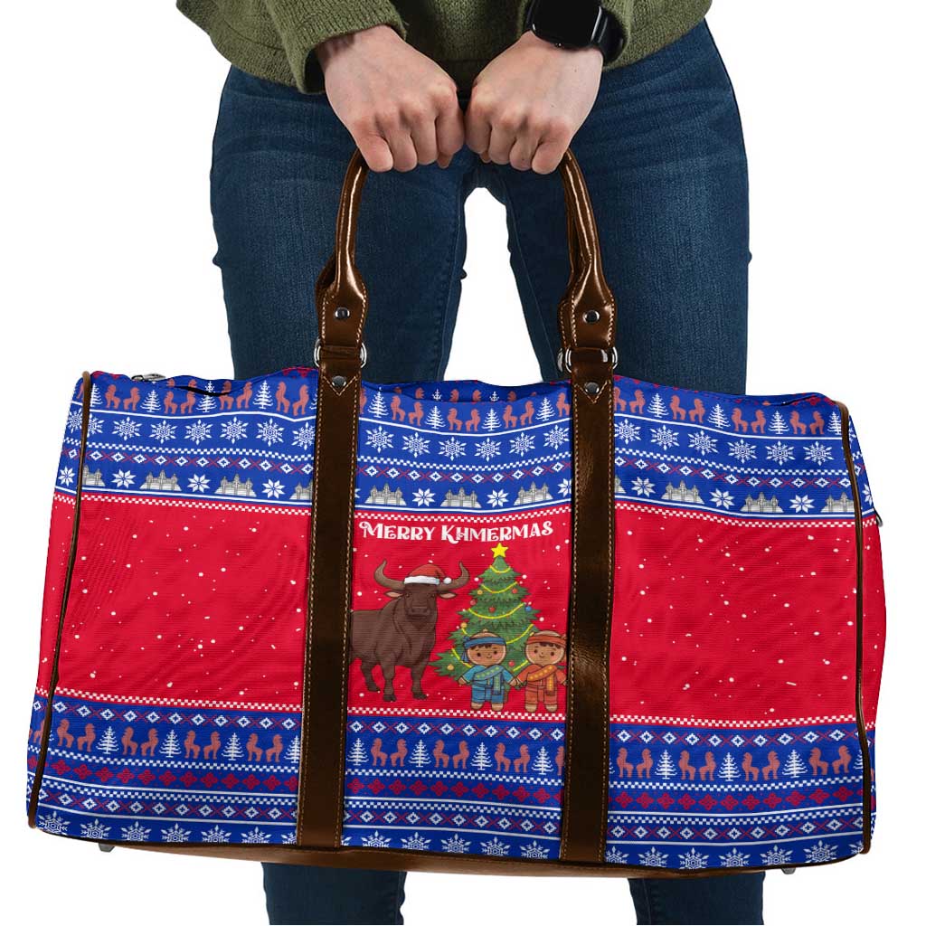 Cambodia Christmas Travel Bag with Buffalo Children Holiday Tree Snowflakes and Khmer Pattern Design - Wonder Print Shop