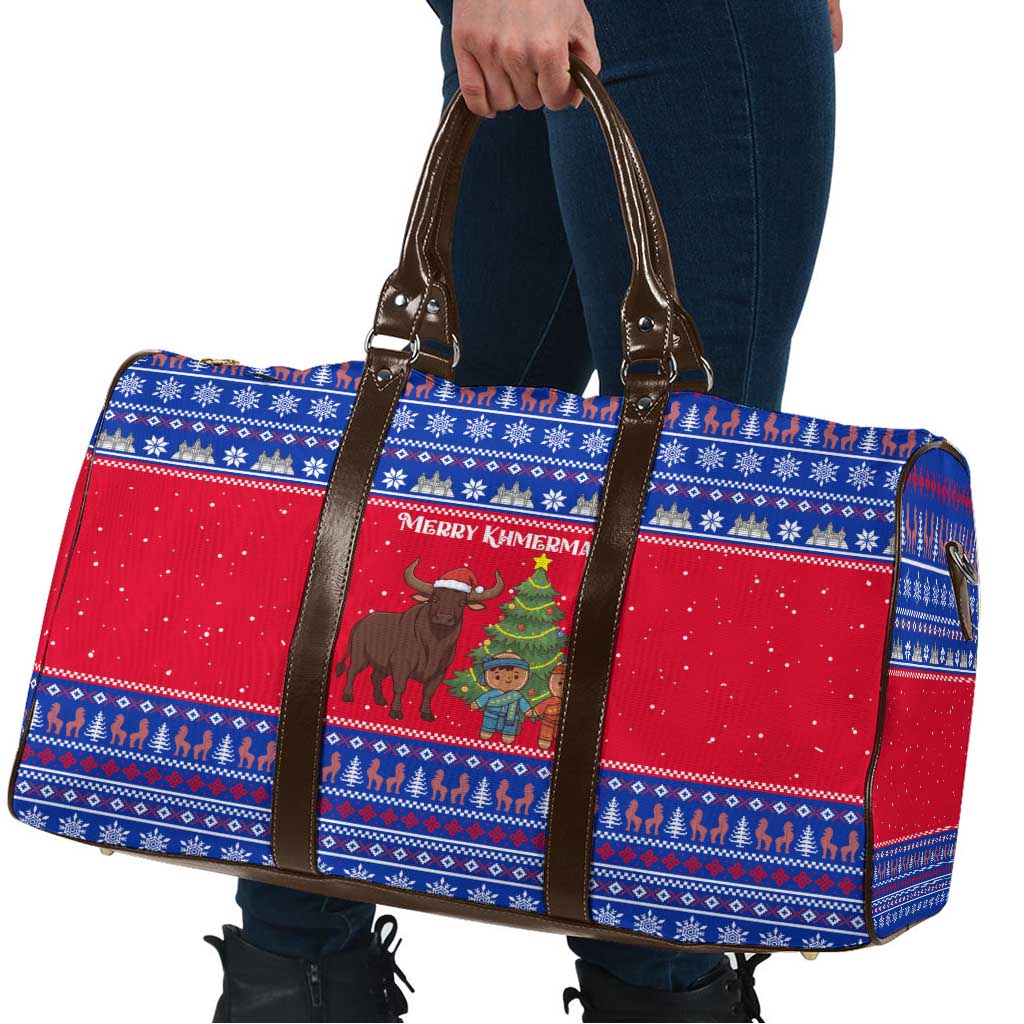 Cambodia Christmas Travel Bag with Buffalo Children Holiday Tree Snowflakes and Khmer Pattern Design - Wonder Print Shop