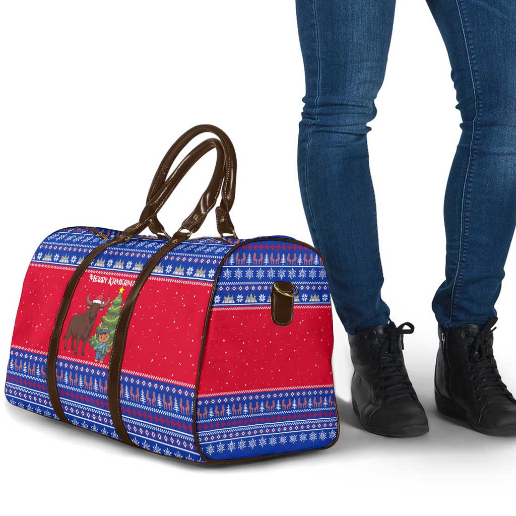 Cambodia Christmas Travel Bag with Buffalo Children Holiday Tree Snowflakes and Khmer Pattern Design - Wonder Print Shop