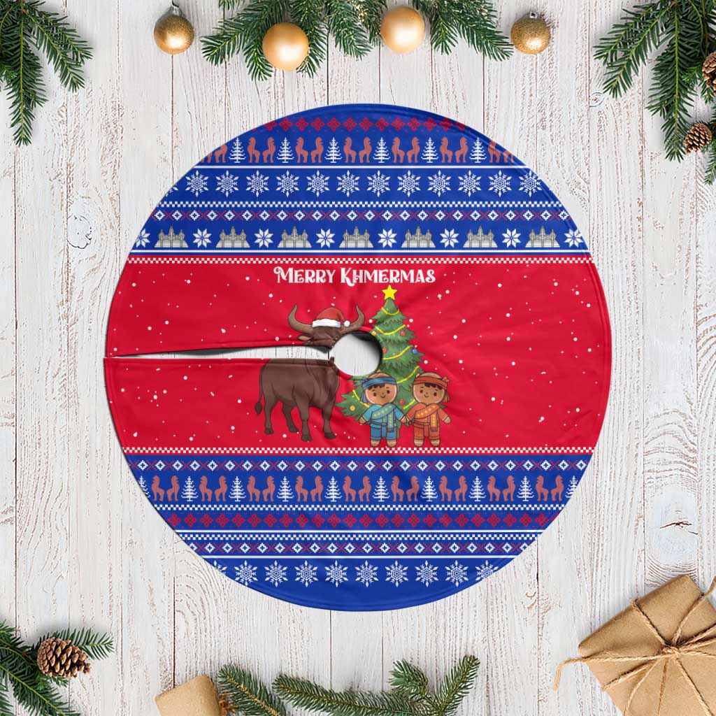 Cambodia Christmas Tree Skirt with Buffalo Children Holiday Tree Snowflakes and Khmer Pattern Design - Wonder Print Shop