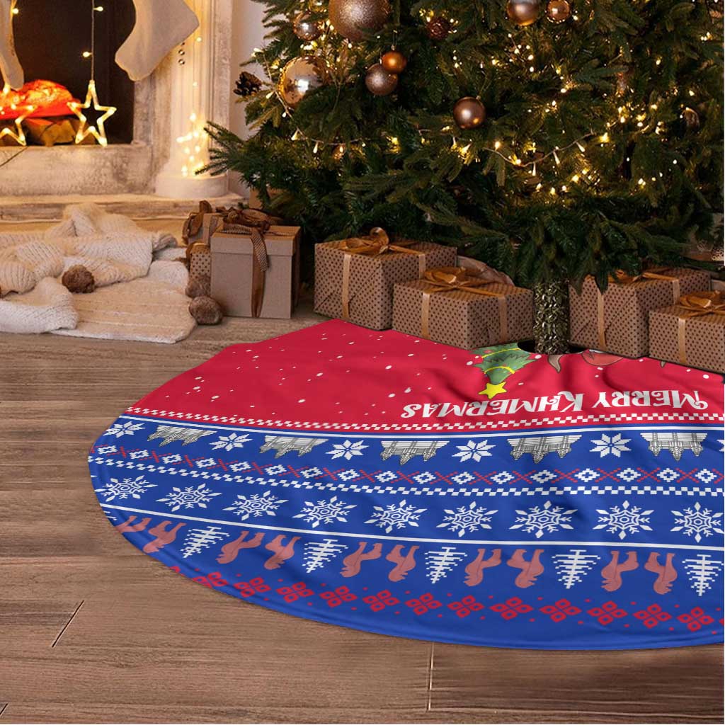 Cambodia Christmas Tree Skirt with Buffalo Children Holiday Tree Snowflakes and Khmer Pattern Design - Wonder Print Shop
