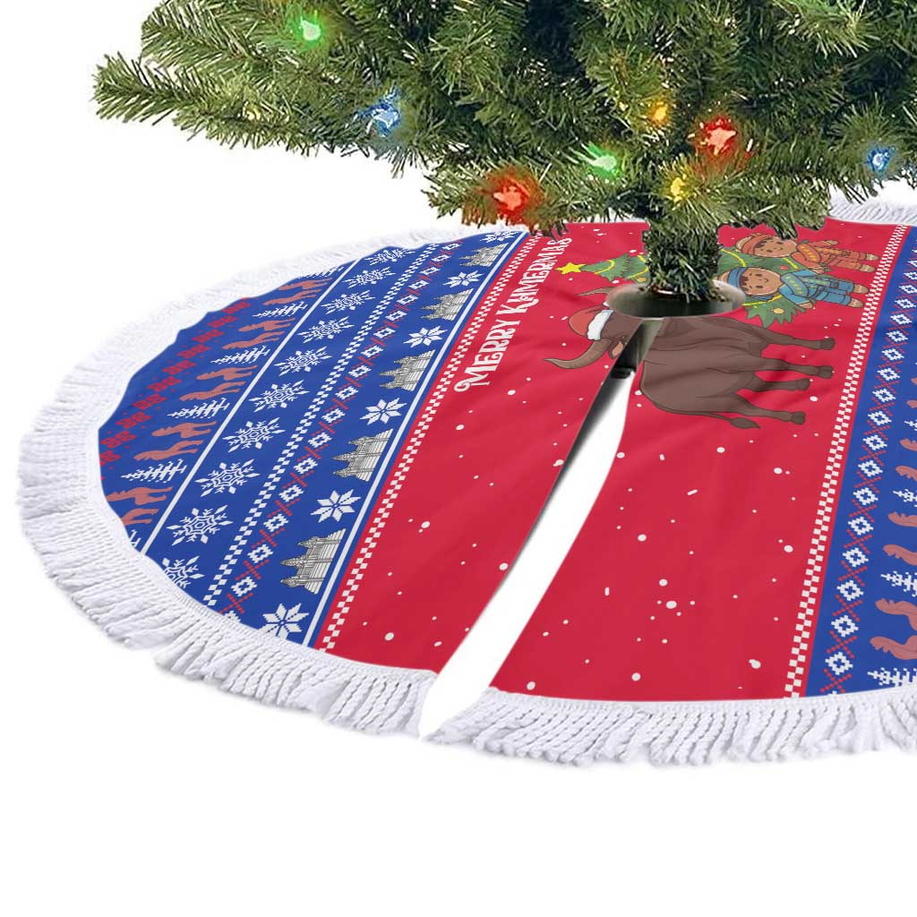 Cambodia Christmas Tree Skirt with Buffalo Children Holiday Tree Snowflakes and Khmer Pattern Design - Wonder Print Shop