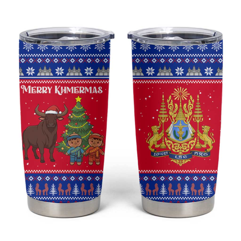 Cambodia Christmas Tumbler Cup with Buffalo Children Holiday Tree Snowflakes and Khmer Pattern Design - Wonder Print Shop