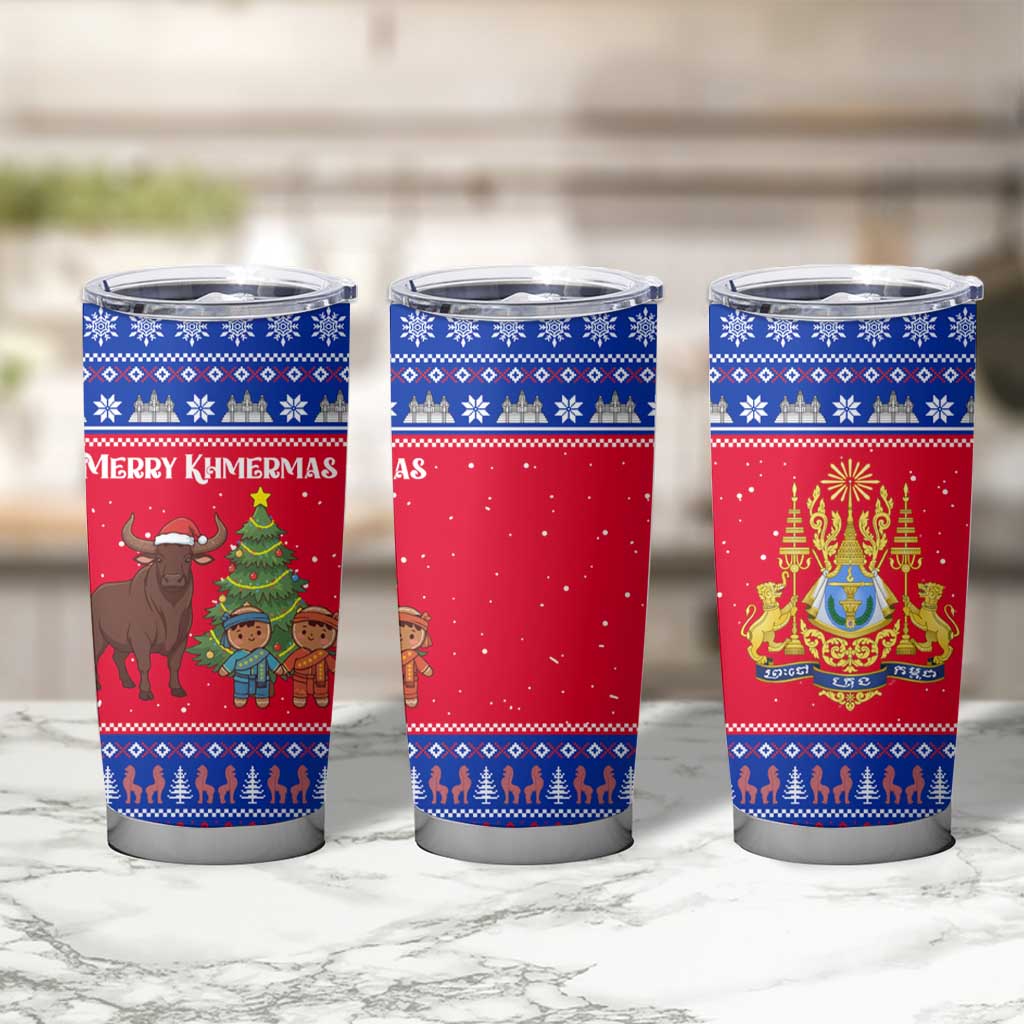 Cambodia Christmas Tumbler Cup with Buffalo Children Holiday Tree Snowflakes and Khmer Pattern Design - Wonder Print Shop