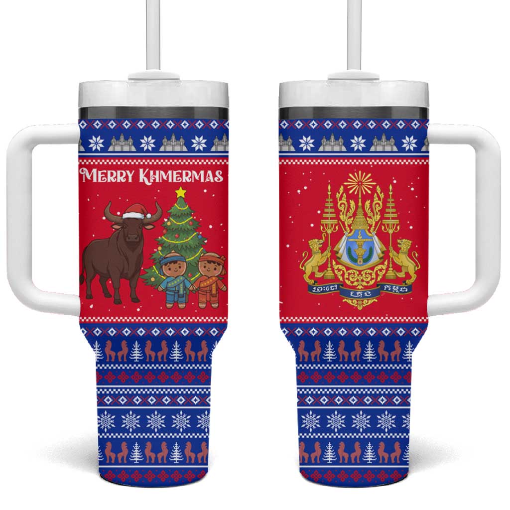Cambodia Christmas Tumbler With Handle with Buffalo Children Holiday Tree Snowflakes and Khmer Pattern Design - Wonder Print Shop