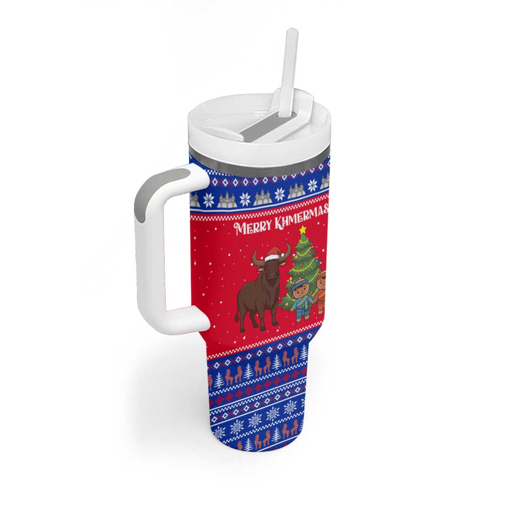 Cambodia Christmas Tumbler With Handle with Buffalo Children Holiday Tree Snowflakes and Khmer Pattern Design - Wonder Print Shop
