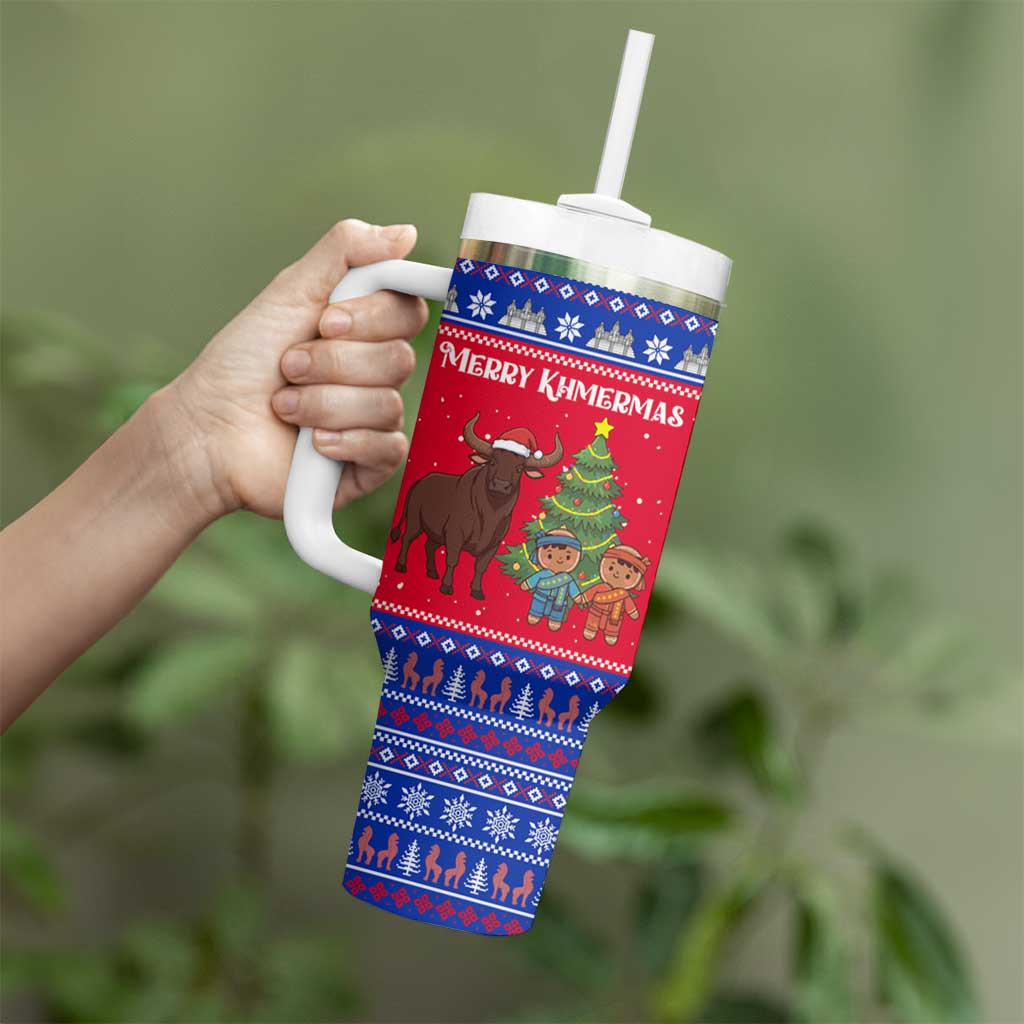 Cambodia Christmas Tumbler With Handle with Buffalo Children Holiday Tree Snowflakes and Khmer Pattern Design - Wonder Print Shop