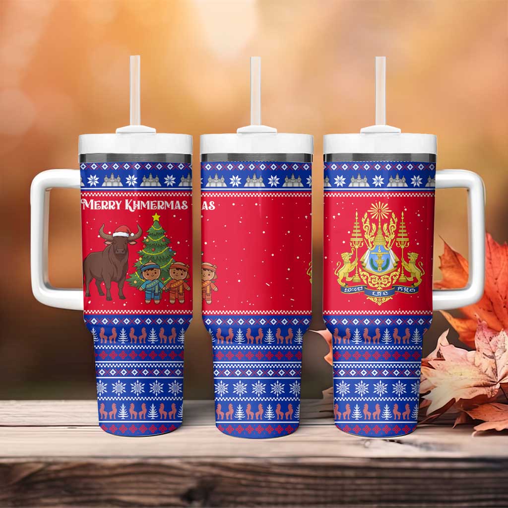 Cambodia Christmas Tumbler With Handle with Buffalo Children Holiday Tree Snowflakes and Khmer Pattern Design - Wonder Print Shop