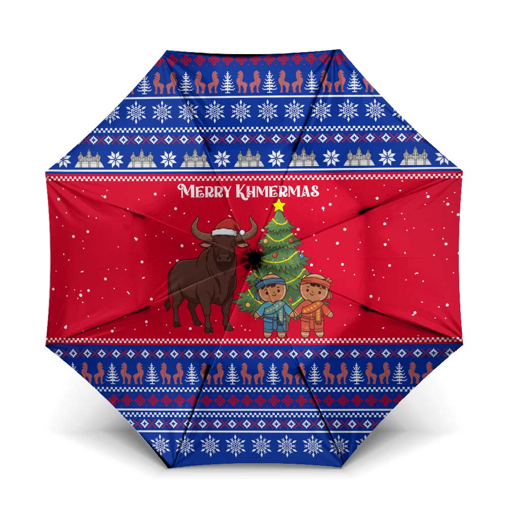 Cambodia Christmas Umbrella with Buffalo Children Holiday Tree Snowflakes and Khmer Pattern Design - Wonder Print Shop