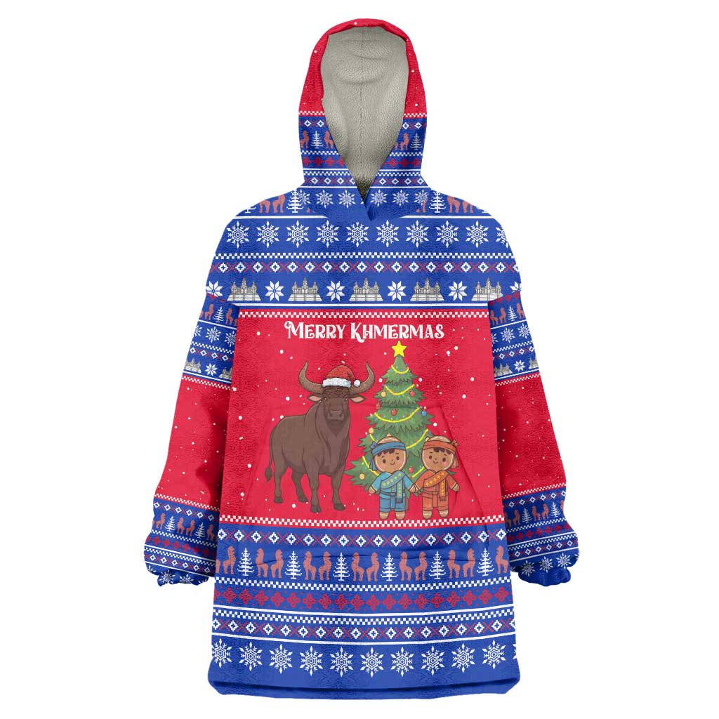 Cambodia Christmas Wearable Blanket Hoodie with Buffalo Children Holiday Tree Snowflakes and Khmer Pattern Design - Wonder Print Shop