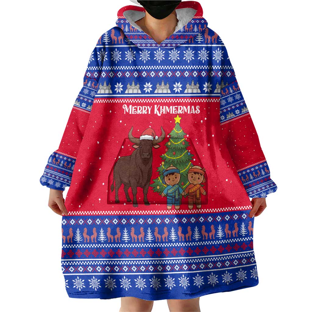 Cambodia Christmas Wearable Blanket Hoodie with Buffalo Children Holiday Tree Snowflakes and Khmer Pattern Design - Wonder Print Shop