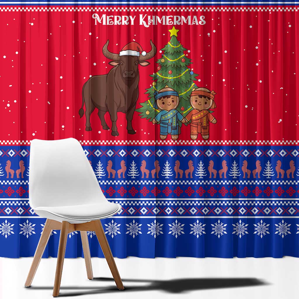 Cambodia Christmas Window Curtain with Buffalo Children Holiday Tree Snowflakes and Khmer Pattern Design - Wonder Print Shop