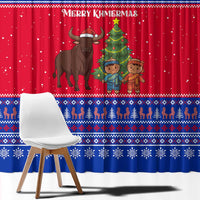 Cambodia Christmas Window Curtain with Buffalo Children Holiday Tree Snowflakes and Khmer Pattern Design - Wonder Print Shop