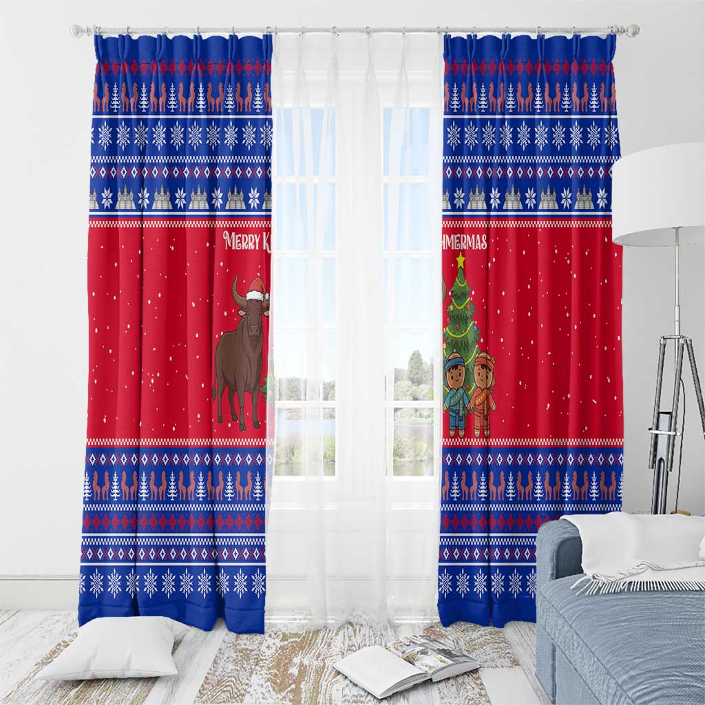 Cambodia Christmas Window Curtain with Buffalo Children Holiday Tree Snowflakes and Khmer Pattern Design - Wonder Print Shop