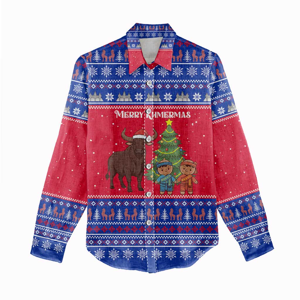 Cambodia Christmas Women Casual Shirt with Buffalo Children Holiday Tree Snowflakes and Khmer Pattern Design - Wonder Print Shop