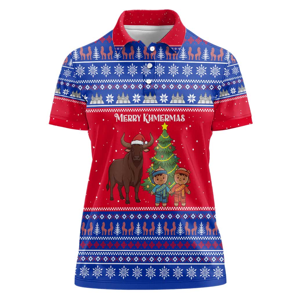 Cambodia Christmas Women Polo Shirt with Buffalo Children Holiday Tree Snowflakes and Khmer Pattern Design - Wonder Print Shop