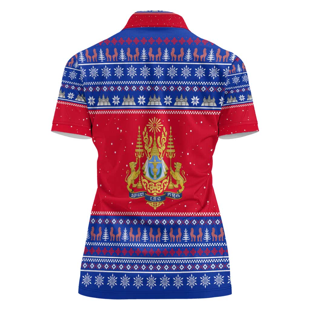 Cambodia Christmas Women Polo Shirt with Buffalo Children Holiday Tree Snowflakes and Khmer Pattern Design - Wonder Print Shop