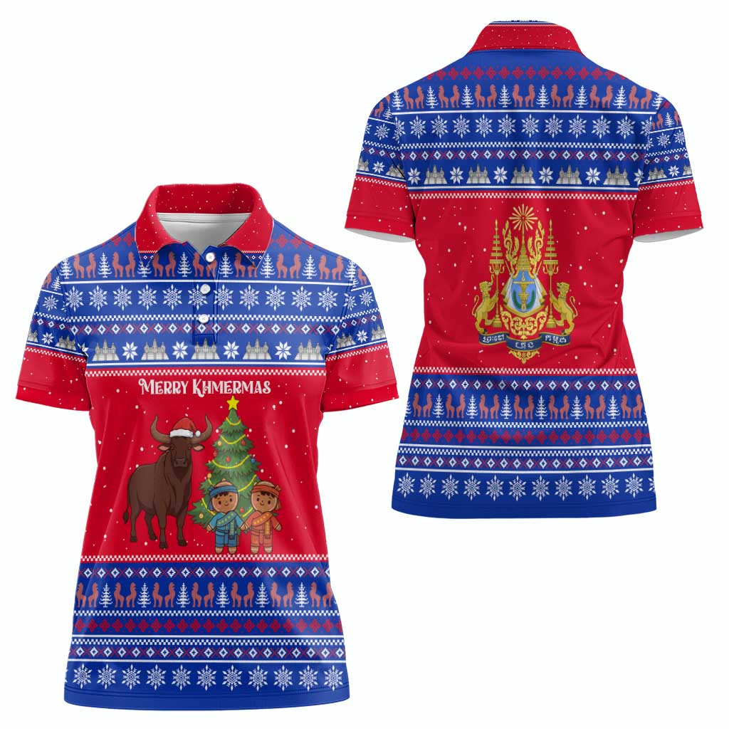 Cambodia Christmas Women Polo Shirt with Buffalo Children Holiday Tree Snowflakes and Khmer Pattern Design - Wonder Print Shop
