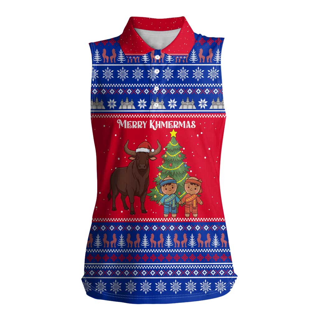 Cambodia Christmas Women Sleeveless Polo Shirt with Buffalo Children Holiday Tree Snowflakes and Khmer Pattern Design - Wonder Print Shop