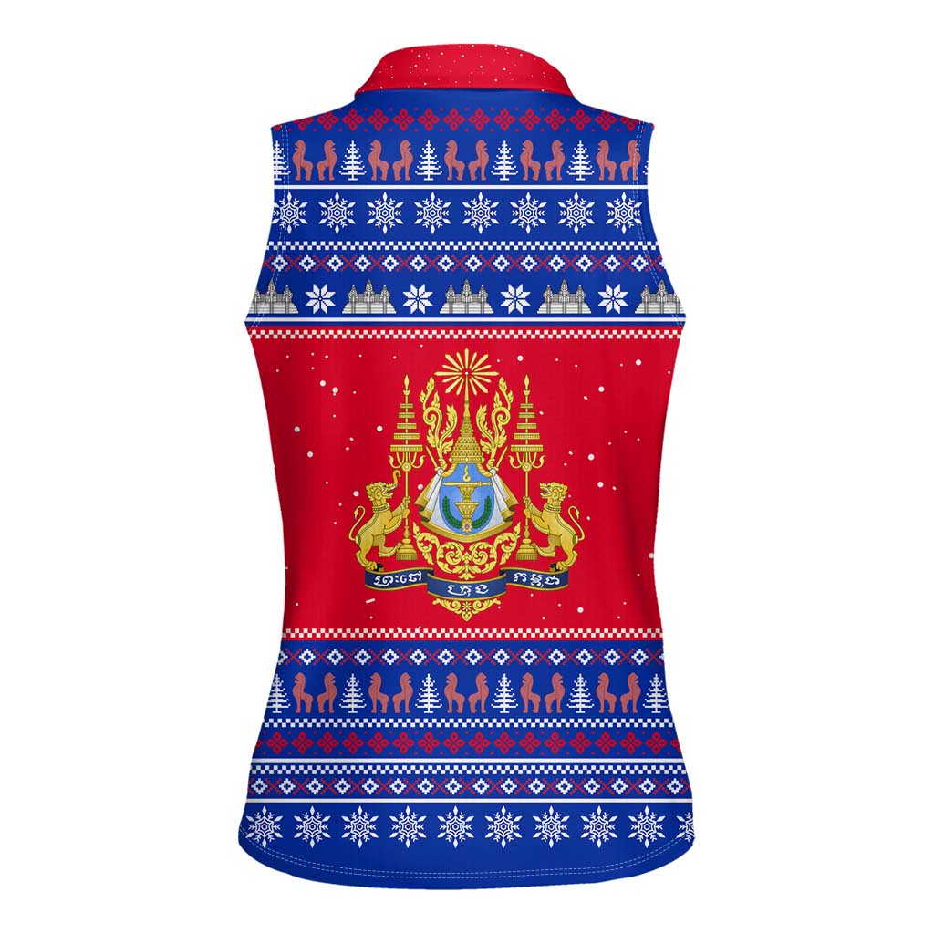 Cambodia Christmas Women Sleeveless Polo Shirt with Buffalo Children Holiday Tree Snowflakes and Khmer Pattern Design - Wonder Print Shop