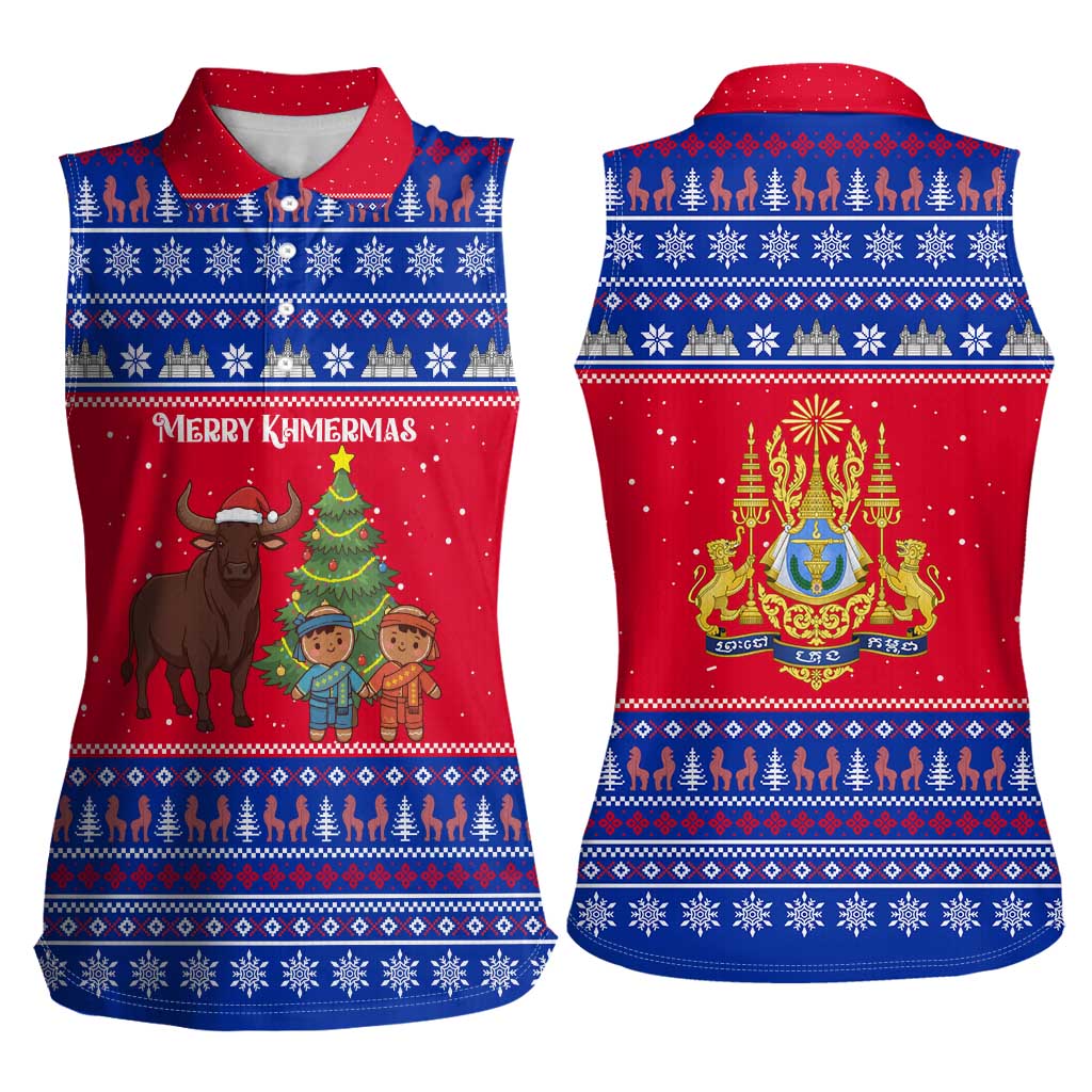 Cambodia Christmas Women Sleeveless Polo Shirt with Buffalo Children Holiday Tree Snowflakes and Khmer Pattern Design - Wonder Print Shop