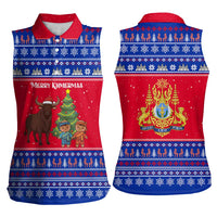 Cambodia Christmas Women Sleeveless Polo Shirt with Buffalo Children Holiday Tree Snowflakes and Khmer Pattern Design - Wonder Print Shop