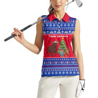 Cambodia Christmas Women Sleeveless Polo Shirt with Buffalo Children Holiday Tree Snowflakes and Khmer Pattern Design - Wonder Print Shop