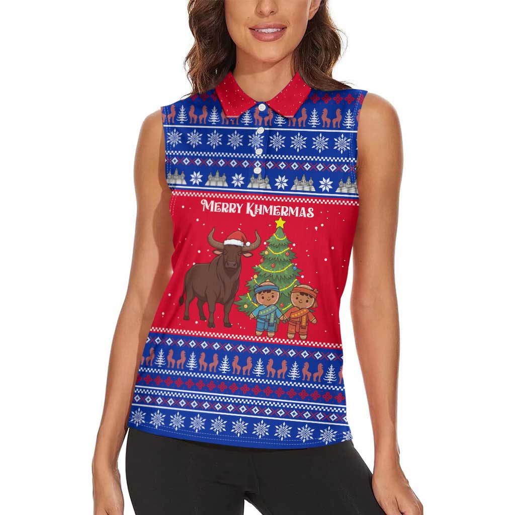 Cambodia Christmas Women Sleeveless Polo Shirt with Buffalo Children Holiday Tree Snowflakes and Khmer Pattern Design - Wonder Print Shop