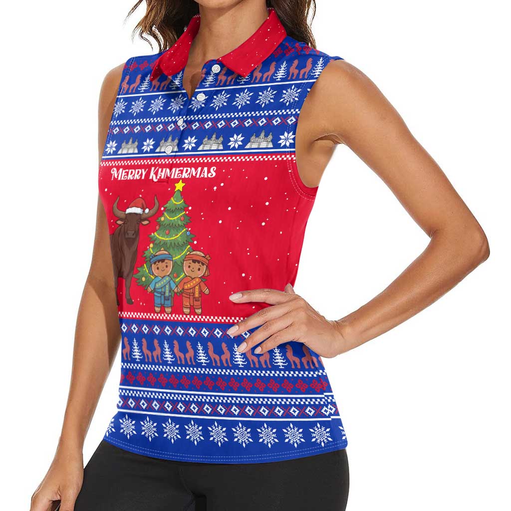 Cambodia Christmas Women Sleeveless Polo Shirt with Buffalo Children Holiday Tree Snowflakes and Khmer Pattern Design - Wonder Print Shop
