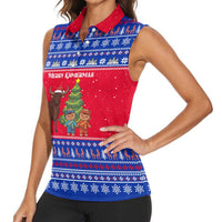 Cambodia Christmas Women Sleeveless Polo Shirt with Buffalo Children Holiday Tree Snowflakes and Khmer Pattern Design - Wonder Print Shop