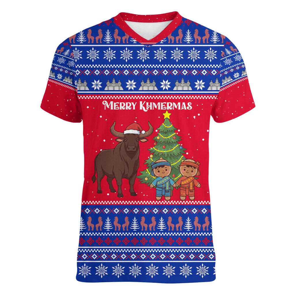 Cambodia Christmas Women V-Neck T-Shirt with Buffalo Children Holiday Tree Snowflakes and Khmer Pattern Design - Wonder Print Shop