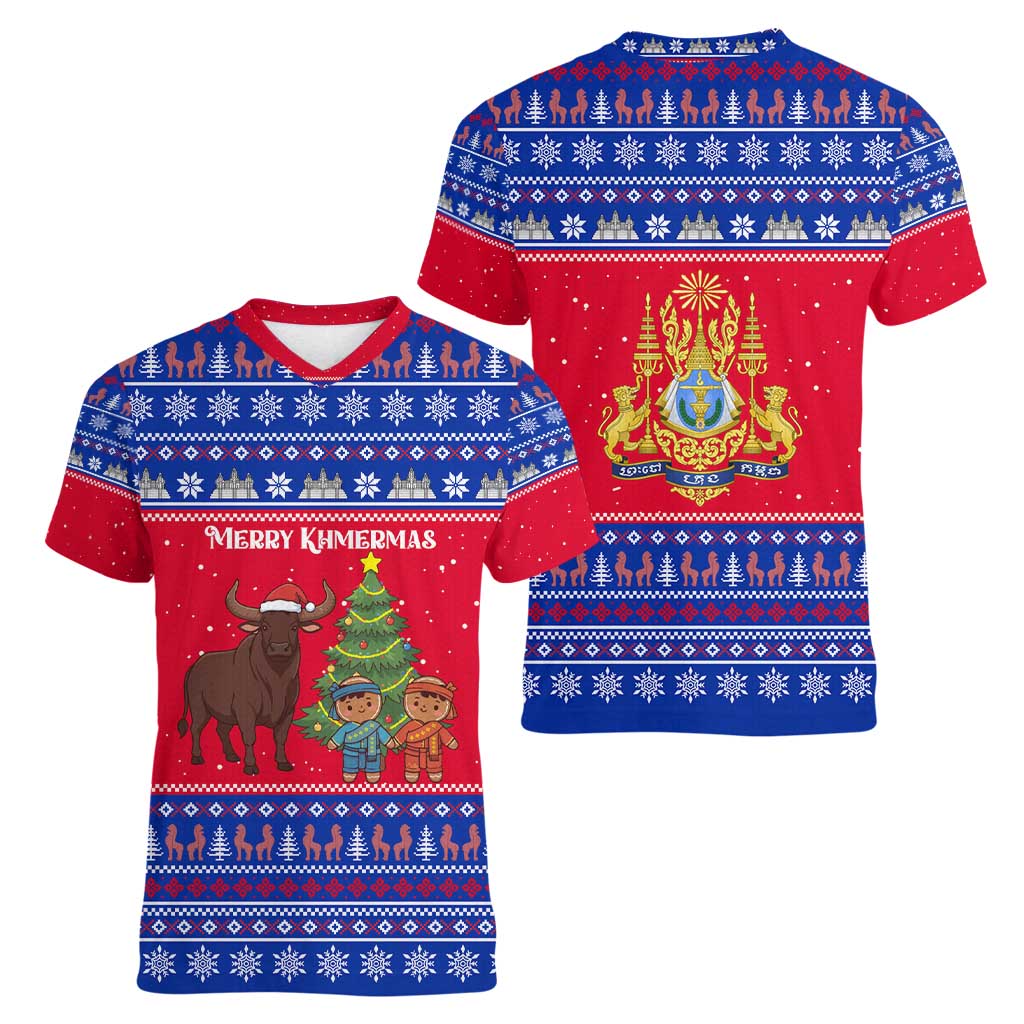Cambodia Christmas Women V-Neck T-Shirt with Buffalo Children Holiday Tree Snowflakes and Khmer Pattern Design - Wonder Print Shop