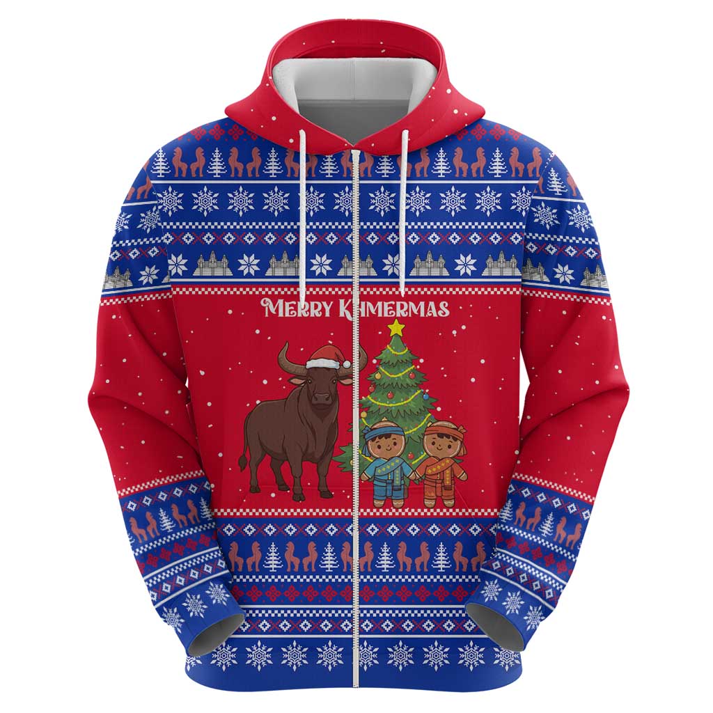 Cambodia Christmas Zip Hoodie with Buffalo Children Holiday Tree Snowflakes and Khmer Pattern Design - Wonder Print Shop